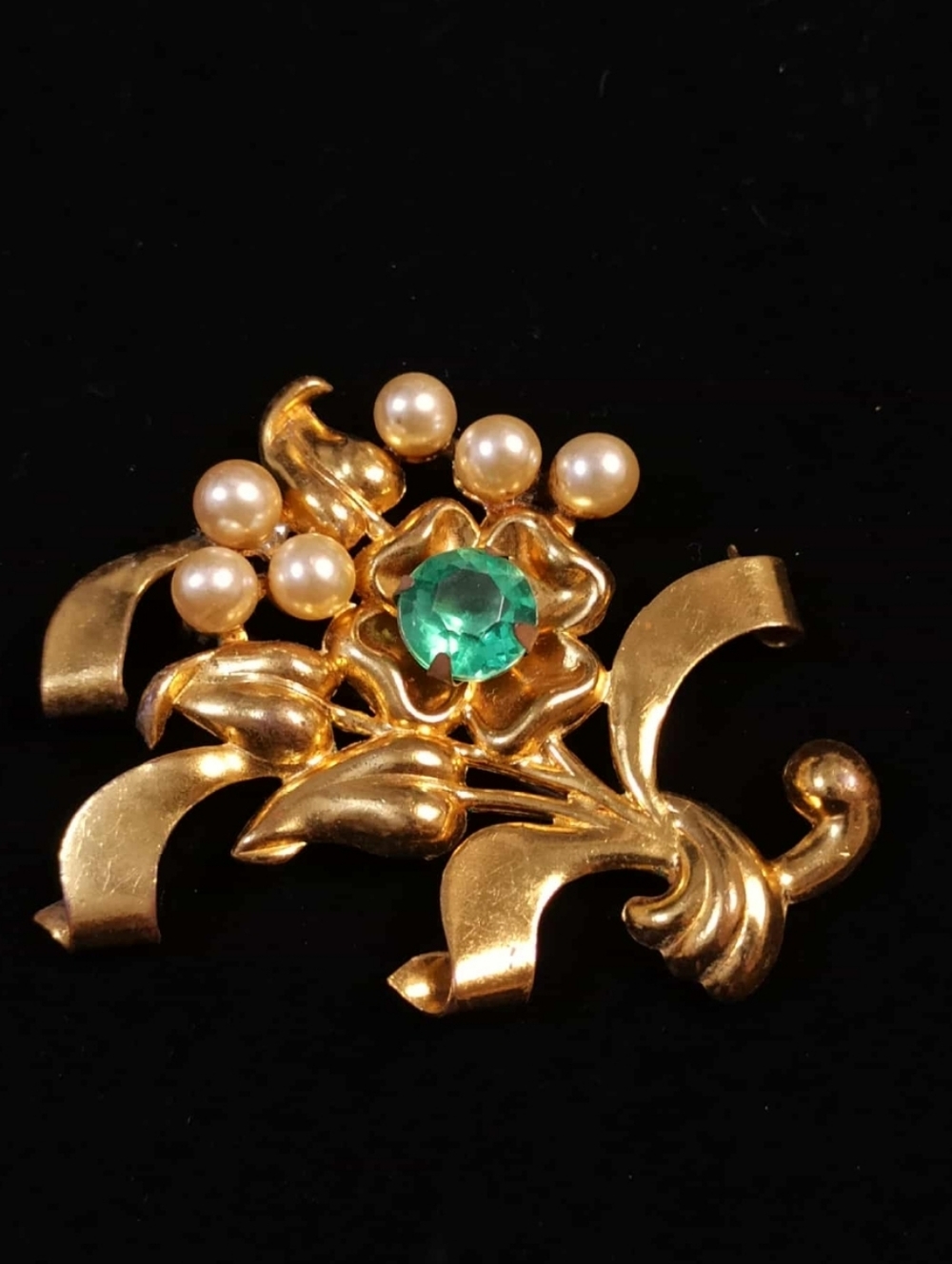Mid Century Gold Tone Floral Brooch Faux Pearl Green Stone Statement